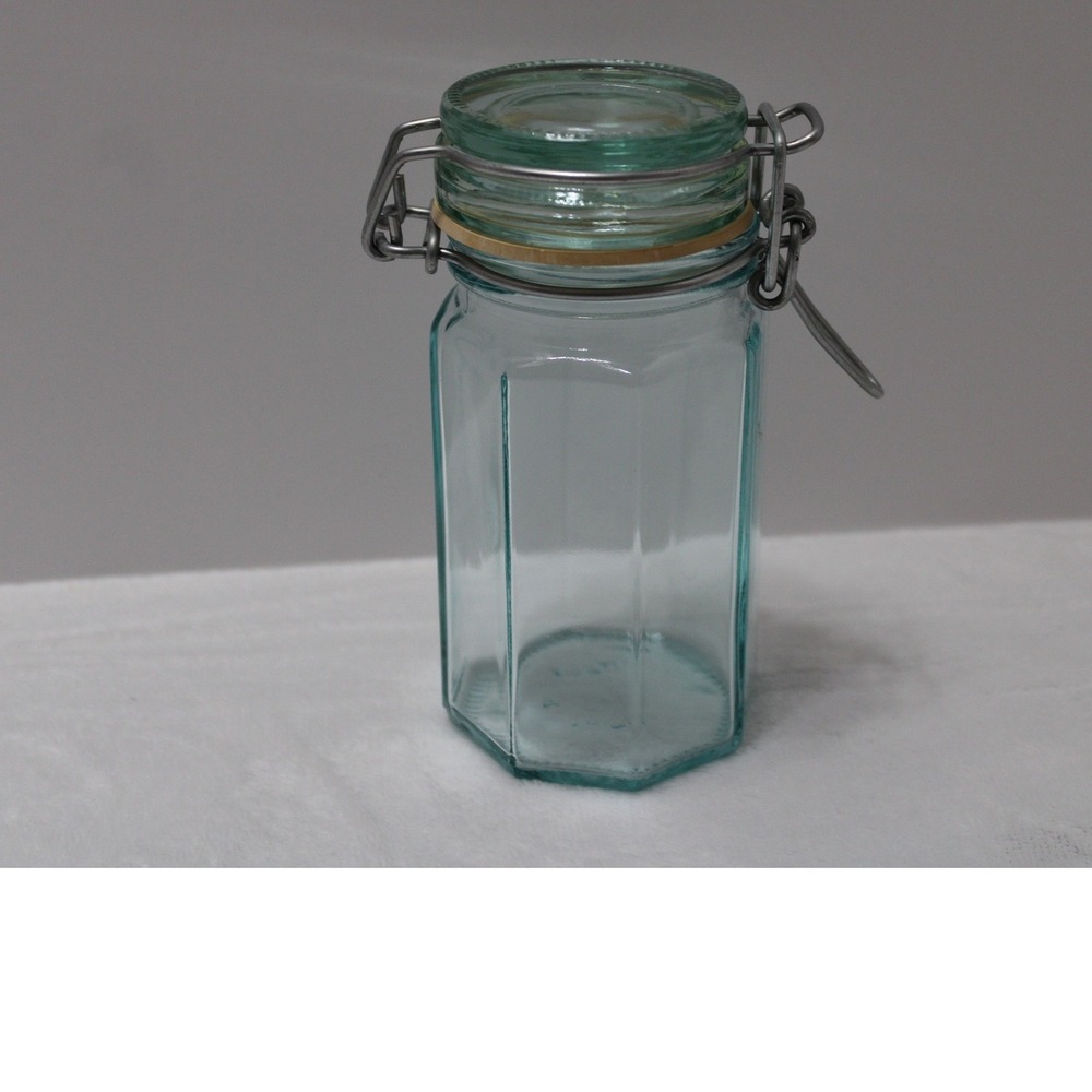 Vintage Italy Hexagon Glass Spice Jar Seafoam Blue Swing Top Bail Lid 5in